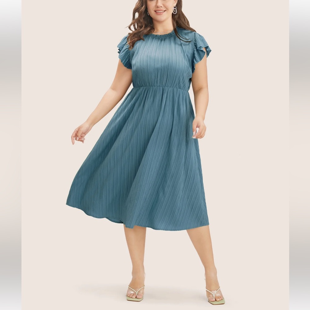 Bloomchic Plain Cap Sleeve Ruffles Trim Mock Neck Pocket Dress